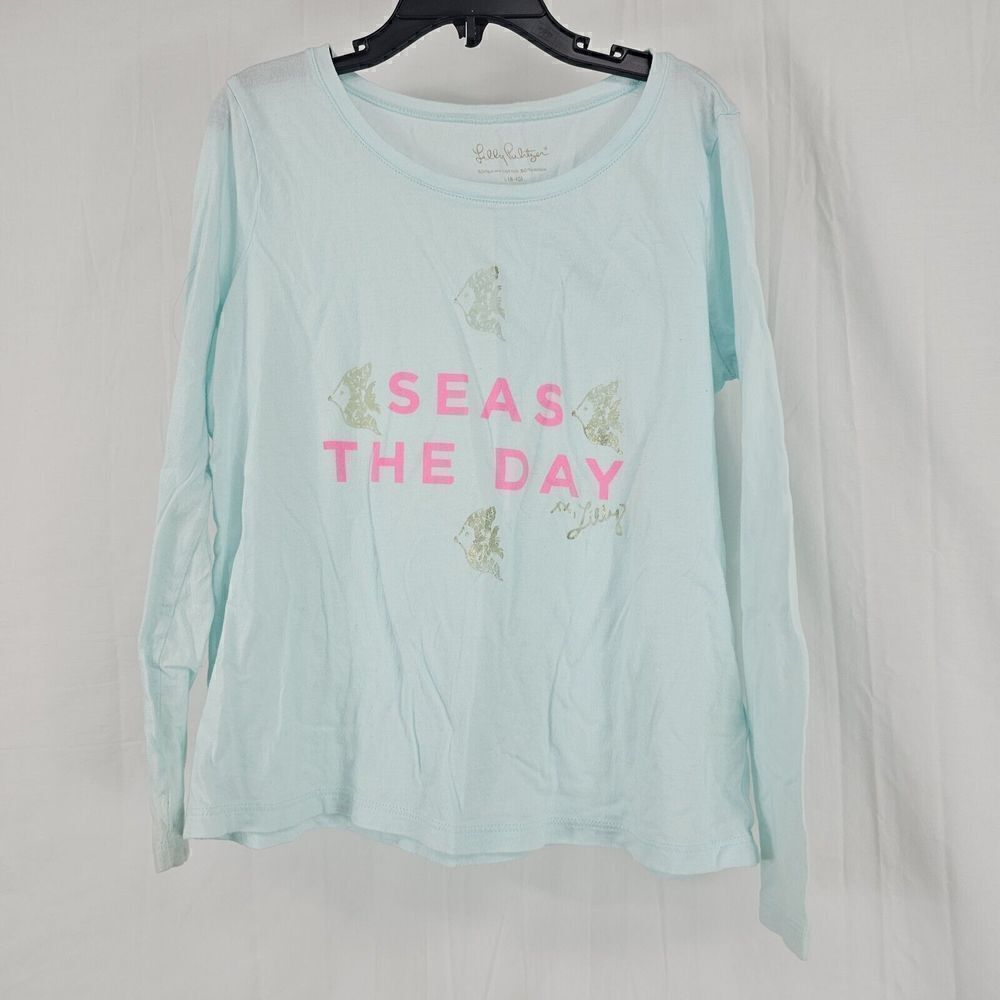 Lilly Pulitzer Girls Seas The Day Graphic T-Shirt Blue Long Sleeve Pullover L